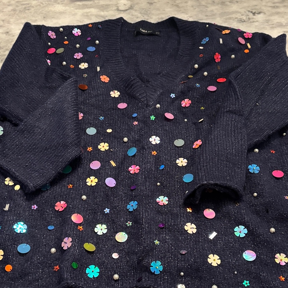 Zara Navy Blue Sequin Vee Neck Sweater